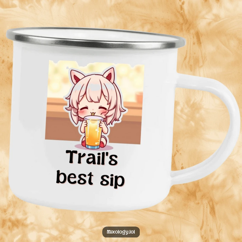 Funny camping mug with a cute character enjoying a drink with immense delight, perfect for outdoor sips and smiles.