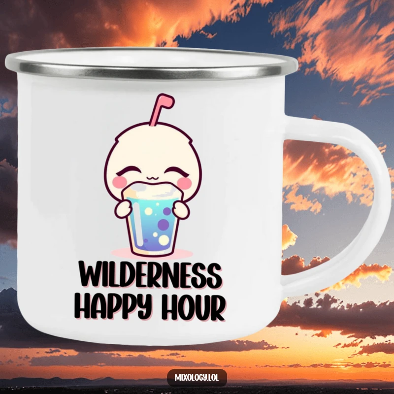 Funny Camping Mug with a bubbly icon blissfully sipping a drink, perfect for outdoor enthusiasts who enjoy moments of peace.