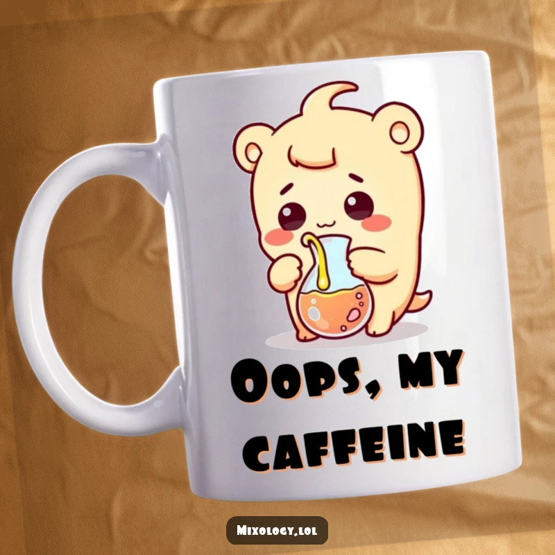 Funny mug with a cute kawaii character comically pouring liquid from a beaker, sporting a wide surprised grin and messy splash.