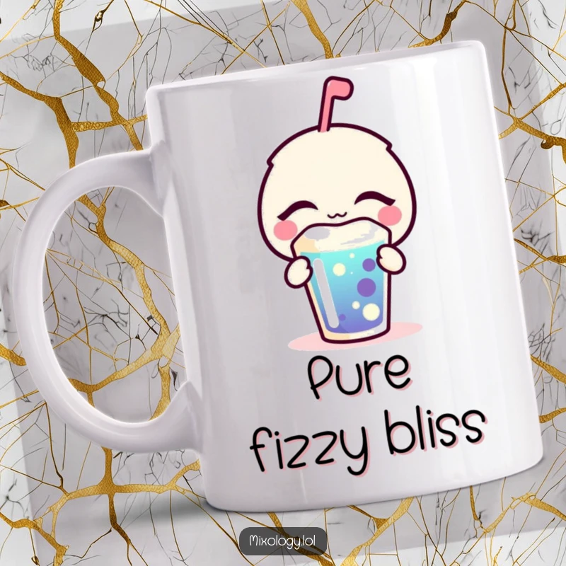 Funny Mug with a happy, bubbly icon eyes closed, blissfully sipping a colorful drink, radiating peace and enjoyment.