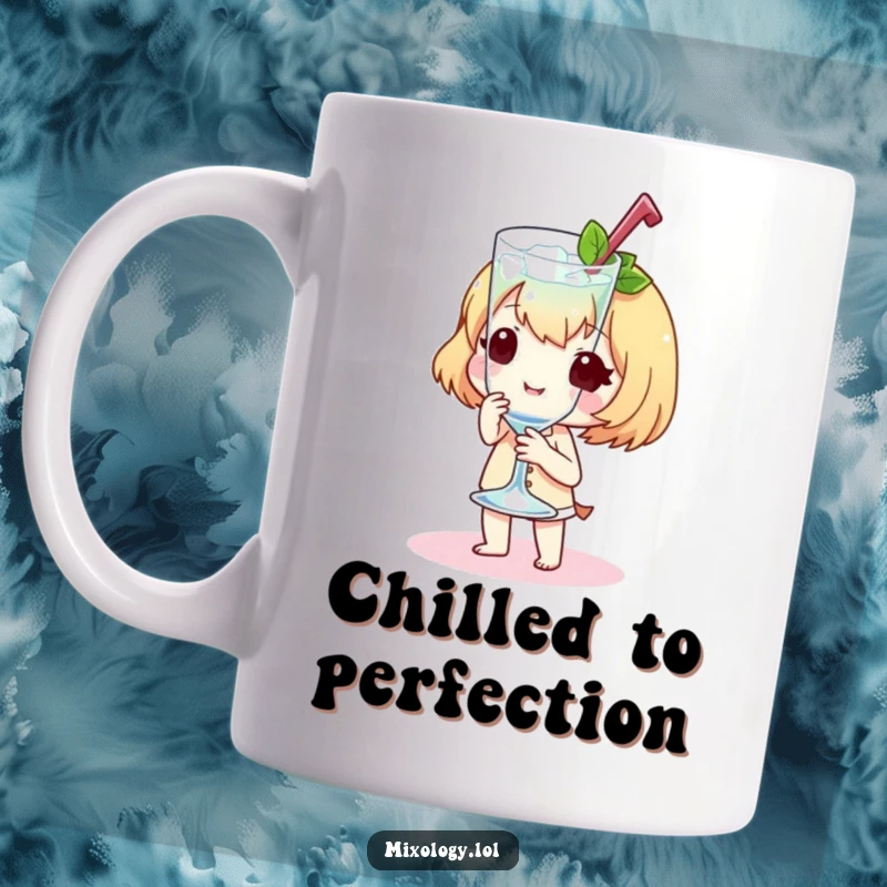 Funny Mug featuring a sweet little character elegantly presenting a perfectly chilled glass with a delightful flourish.