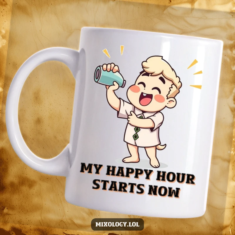 Funny Mug: Enthusiastic person vigorously shaking a cocktail mixer, celebrating mixology with a smile.