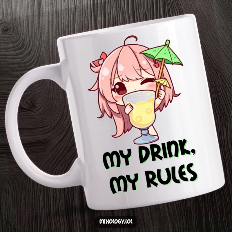 Funny mug showing a stylish character winking playfully while garnishing a drink with a miniature colorful umbrella.