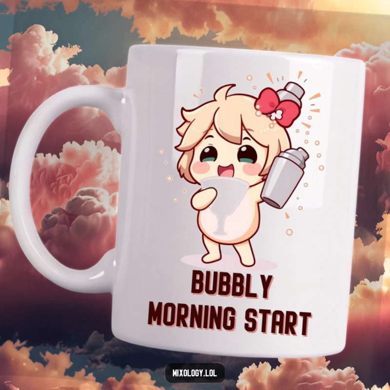 Funny mug featuring a character gleefully shaking a cocktail shaker, resulting in a delightful bubbly explosion of fun.