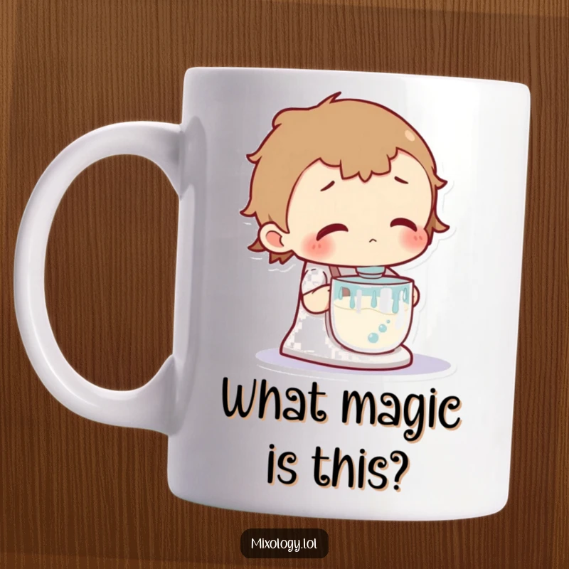 Funny mug featuring a curious character intensely focused on a vigorously bubbling mixer, contemplating its fascinating contents.