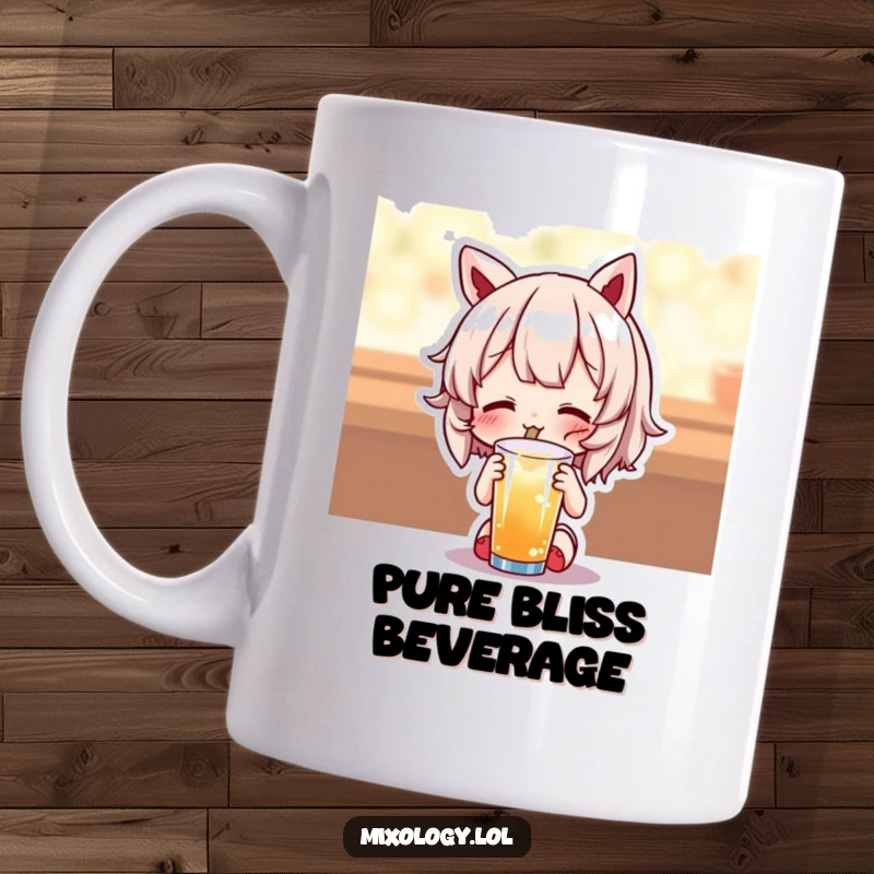 Funny mug with a cute character joyfully tasting a drink, eyes wide with delight and a happy expression.