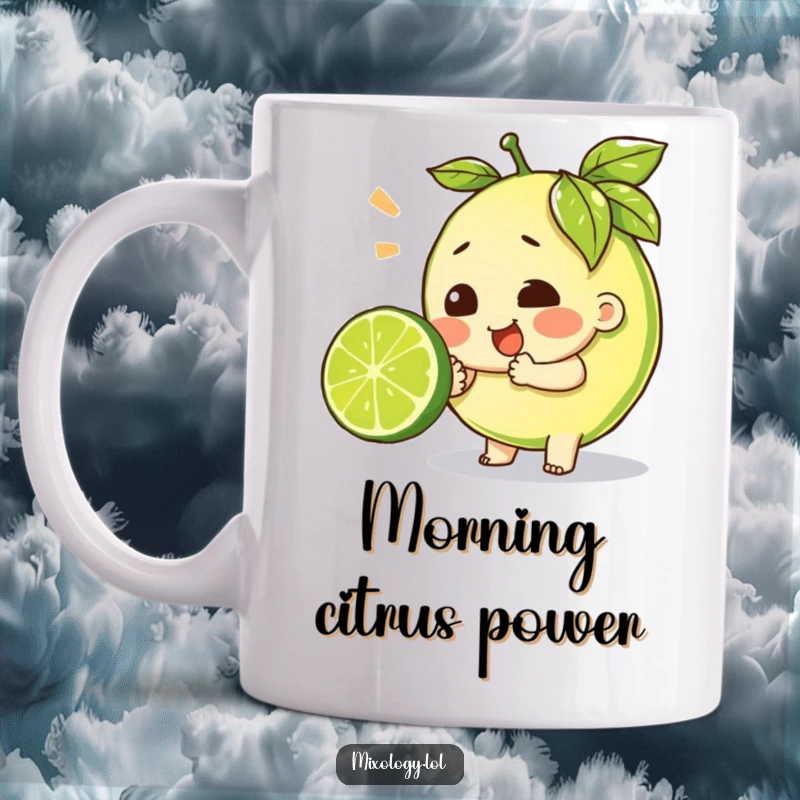 Funny mug showing a character straining with great effort to squeeze a lime, capturing the struggle of citrus prep.