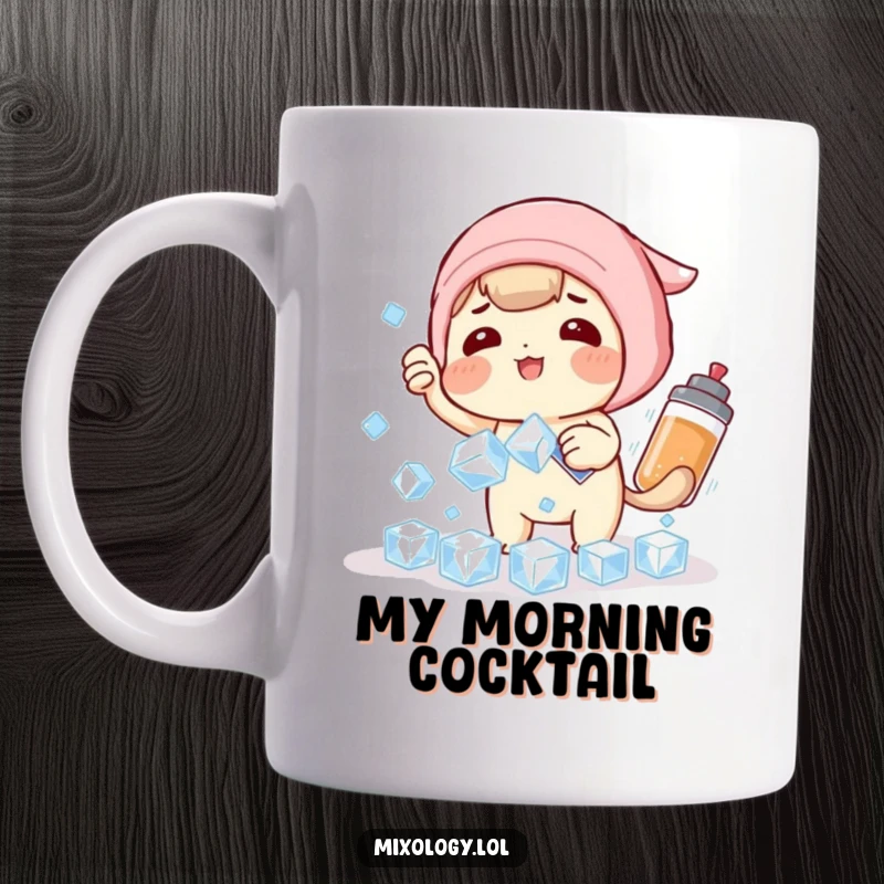 Funny Mug: Playful character comically attempts to catch falling ice cubes with a cocktail shaker, perfect for bar enthusiasts.