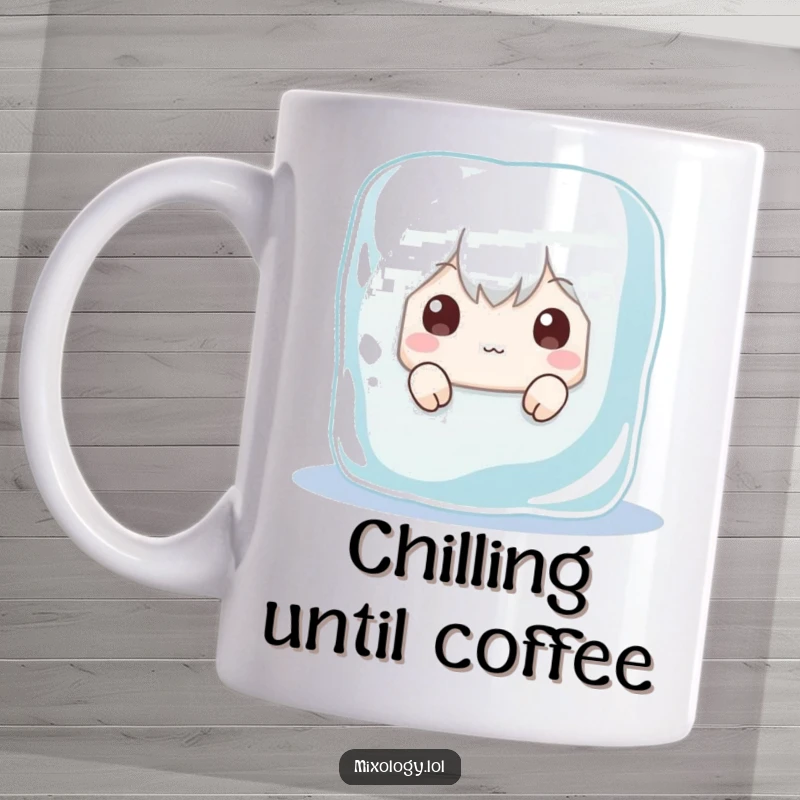 Funny mug with a character comically hiding behind a giant ice cube, peeking out with wide, surprised eyes.
