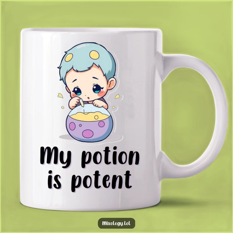 Funny Scientist Mug: Curious character inspecting bubbling concoction, perfect for science lovers gift.