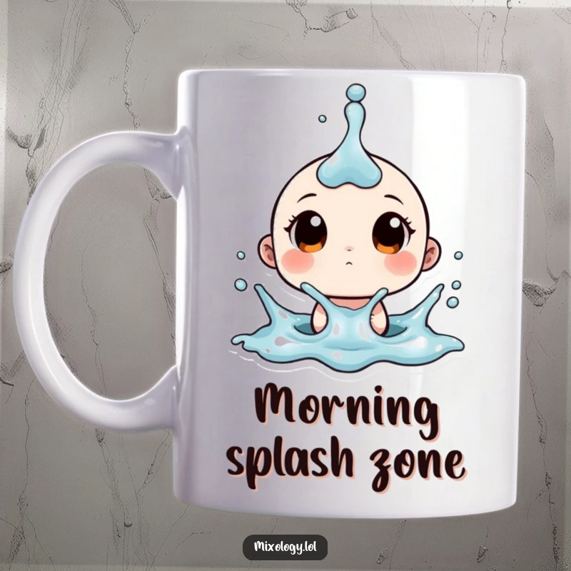 Funny mug featuring a tiny character with wide, surprised eyes as a splash of liquid erupts upwards, full of playful chaos.