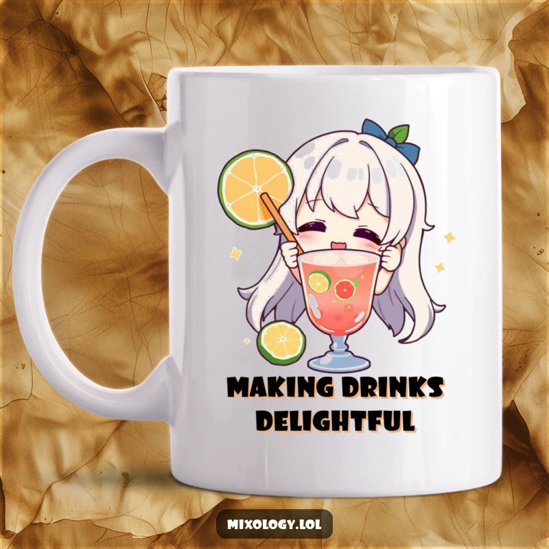 Funny character mug joyfully garnishing a drink with a colorful fruit slice, showcasing culinary flair and happiness.