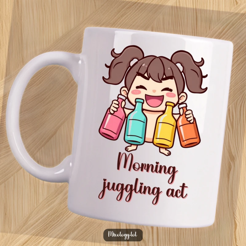 Funny mug featuring a joyful character with a mischievous grin juggling three colorful bottles, celebrating playful multitasking.
