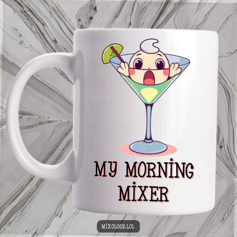 Funny mug art showing a surprised character with wide eyes, emerging from a giant martini glass with olives.