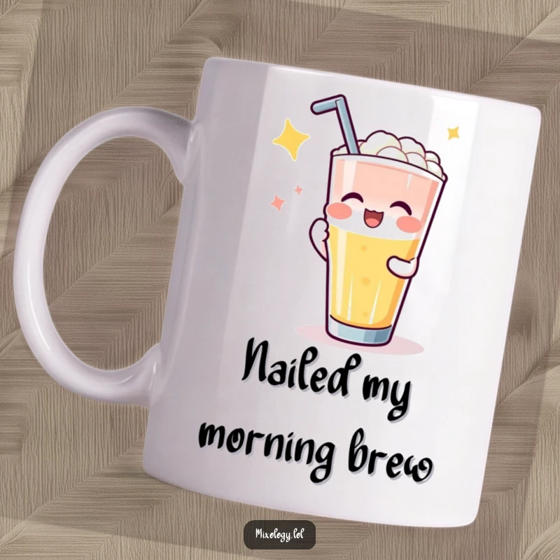 Funny mug featuring a happy character receiving roaring applause for a perfectly poured drink, celebrating bartending success.