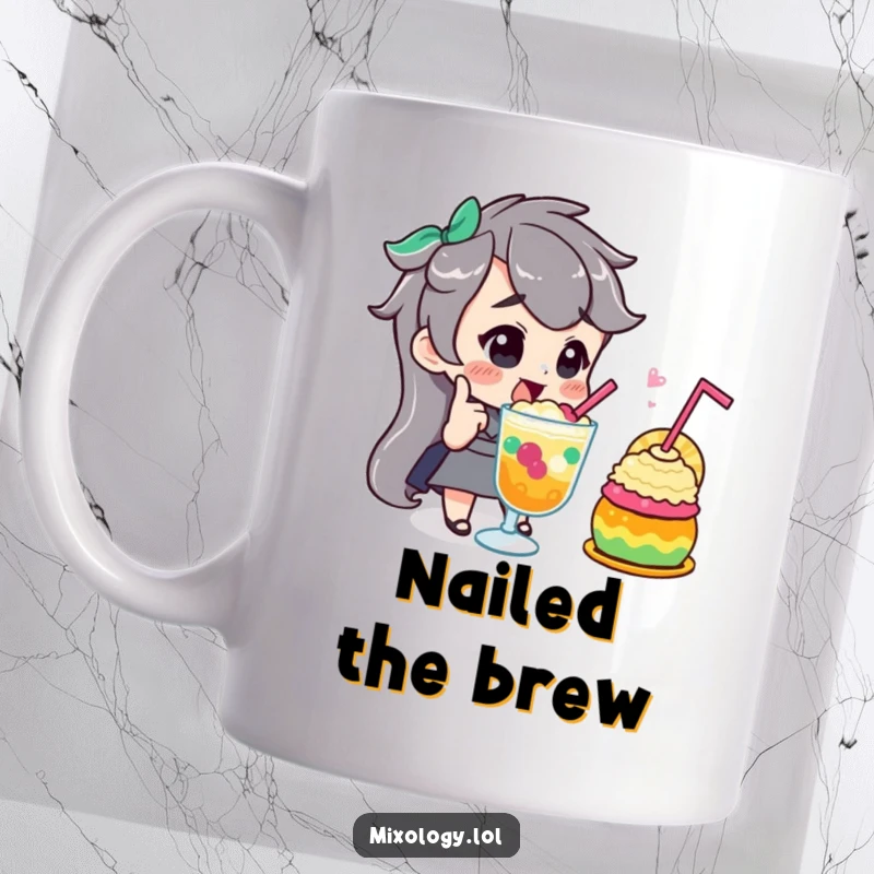 Funny mug featuring a character giving an appreciative, confident nod while admiring a vibrant, colorful concoction they likely created.