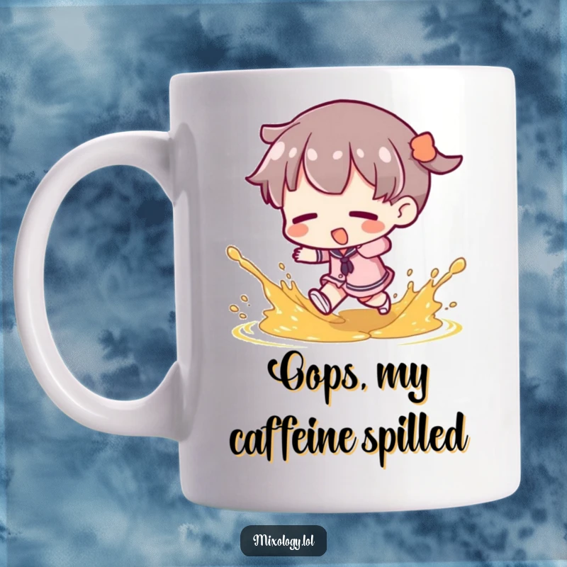 Funny Mug: Character tripping, garnish flying mid-air, capturing a moment of playful chaos, a perfect funny gift for clumsy chefs.