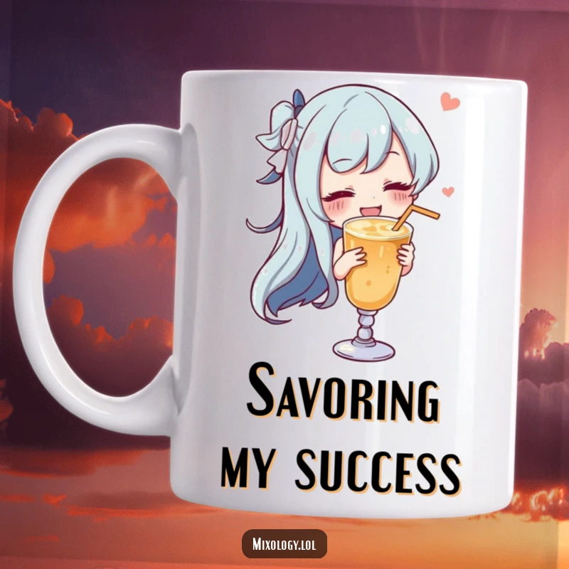 Funny character gracefully swirling a drink with a playful, satisfied sigh on a stylish ceramic mug.