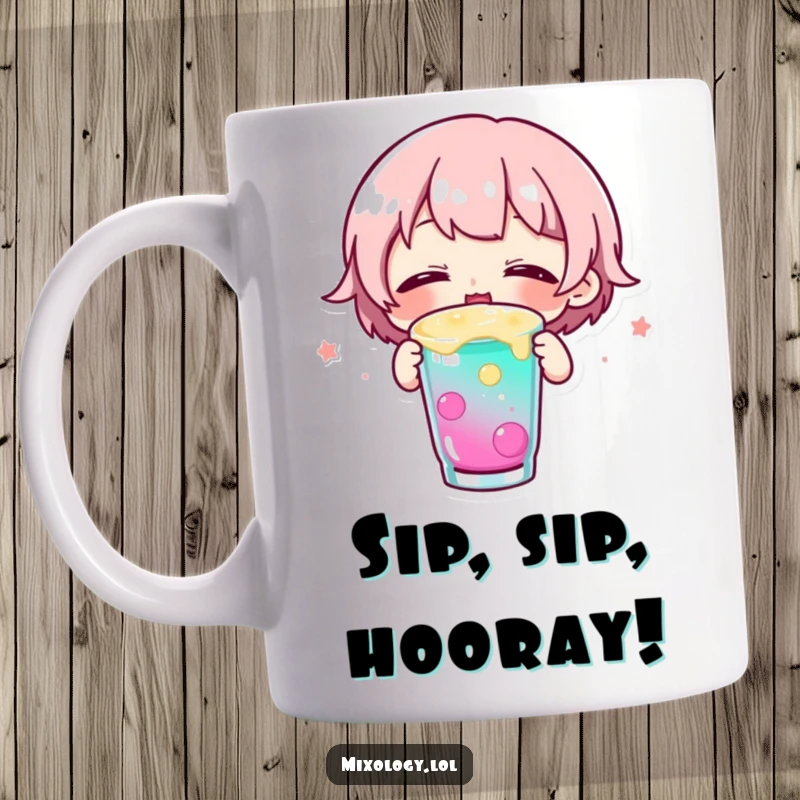 Funny mug showcasing a small character ecstatically sipping a vibrant drink with eyes closed in utter bliss and contentment.