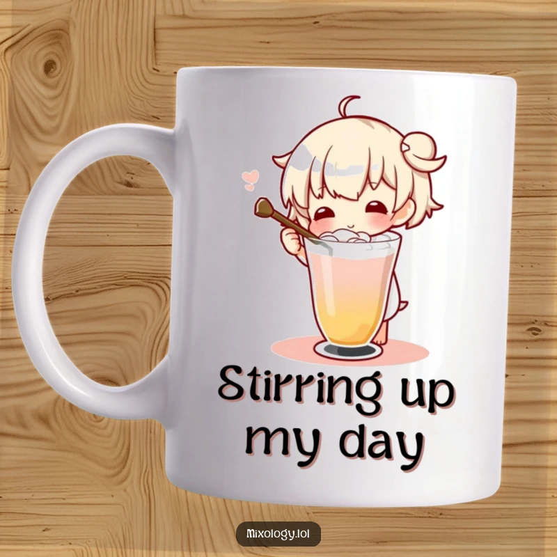 Funny character elegantly twirling a drink with a long stirrer, showcasing flair and sophistication on a mug.
