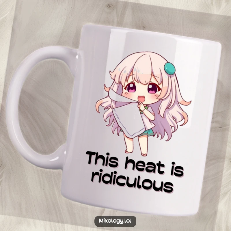 Funny mug with a cute character dramatically fanning themselves with a cocktail napkin, expressing intense heat relief with a comical expression.