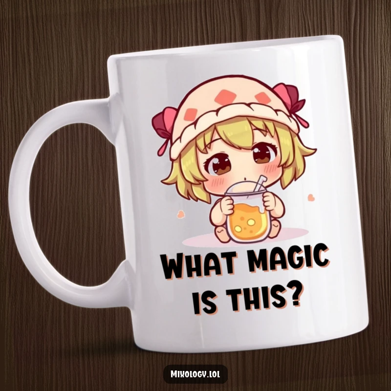Funny Mug featuring a character curiously sniffing a new concoction with an intrigued expression, evoking mystery and humor.