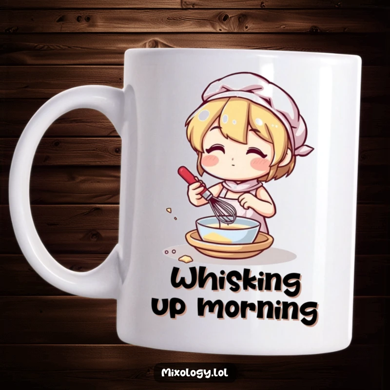 Funny mug with a cute character actively mixing ingredients with a tiny whisk, showcasing a passion for cooking.