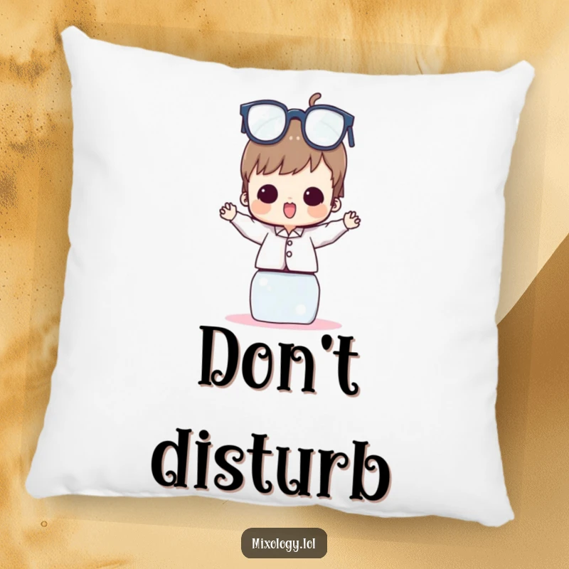 Funny Pillow showcasing a character with a determined yet gleeful expression, holding a precarious stack of glasses.