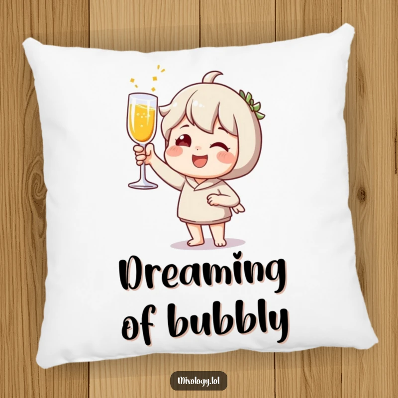 Funny Pillow: Joyful character toasting with a sparkling drink, offering comfort and festive cheer.