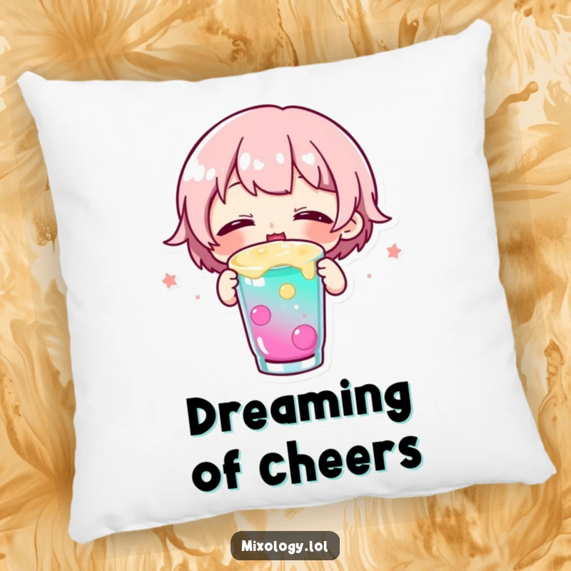 Funny pillow featuring a small character happily sipping a colorful drink with eyes closed, offering plush comfort and cheerful vibes.