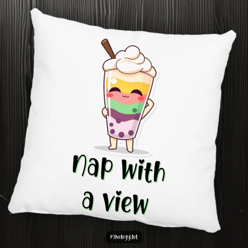 Funny pillow depicting a character proudly presenting a colorful, layered beverage, perfect for cozying up with style.