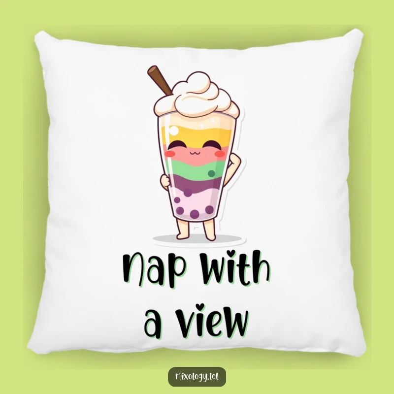 Funny Beverage Pillow: Proud Character, Layered Drink Comfort, Humor