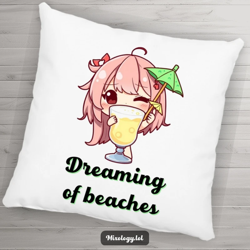 Funny pillow showcasing a winking character adding a tiny umbrella garnish to a drink, offering comfort and witty decor.