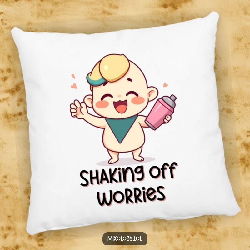 Funny pillow with a cute character shaking a cocktail shaker, providing comfortable decor with joyful party humor.