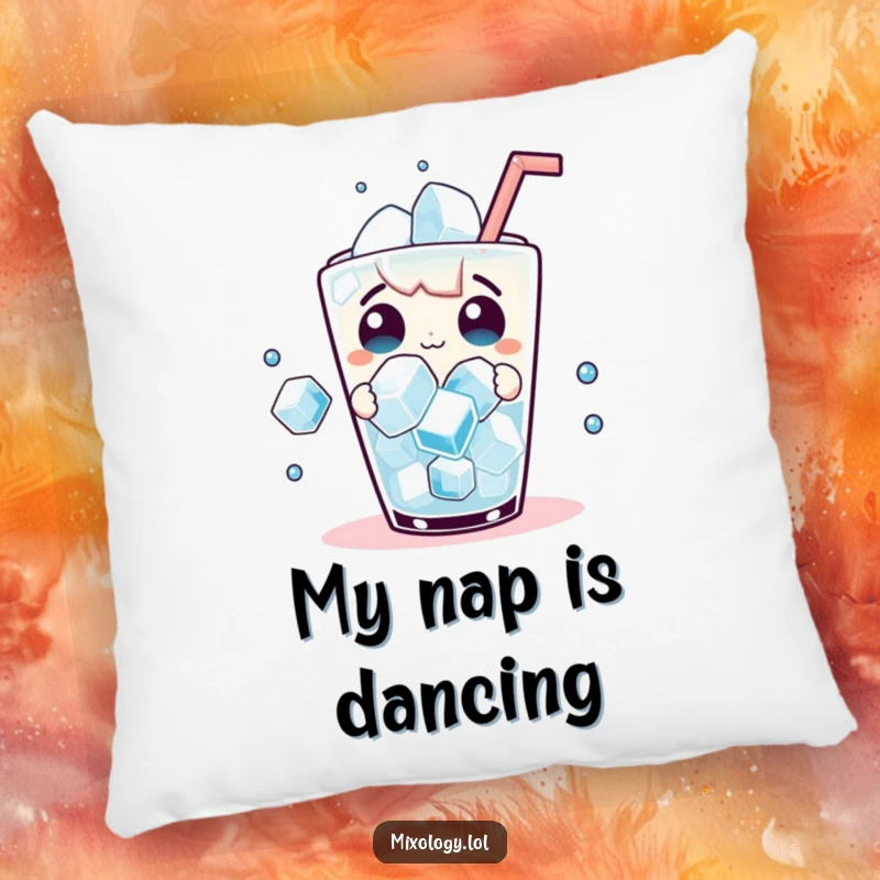 Funny Pillow: Surprised character and dancing ice cubes in a drink, providing humorous comfort.