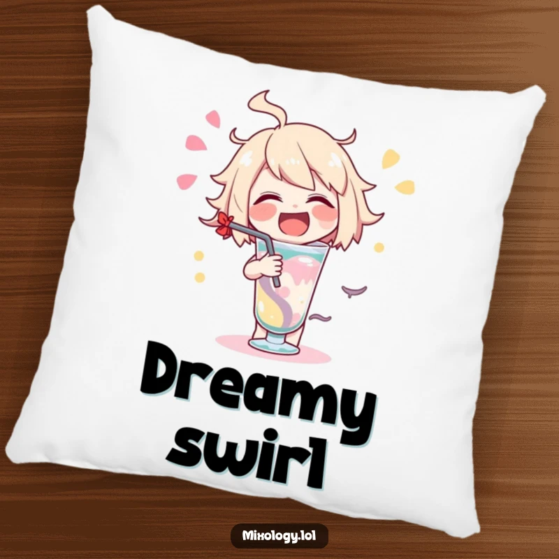 Funny delighted character pillow featuring a character swirling a drink with a joyful motion.