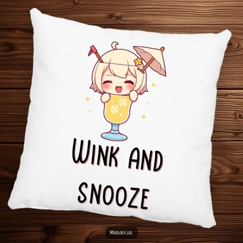 Funny pillow featuring a character playfully garnishing a drink with a tiny umbrella and a wink, perfect for cozy spaces.