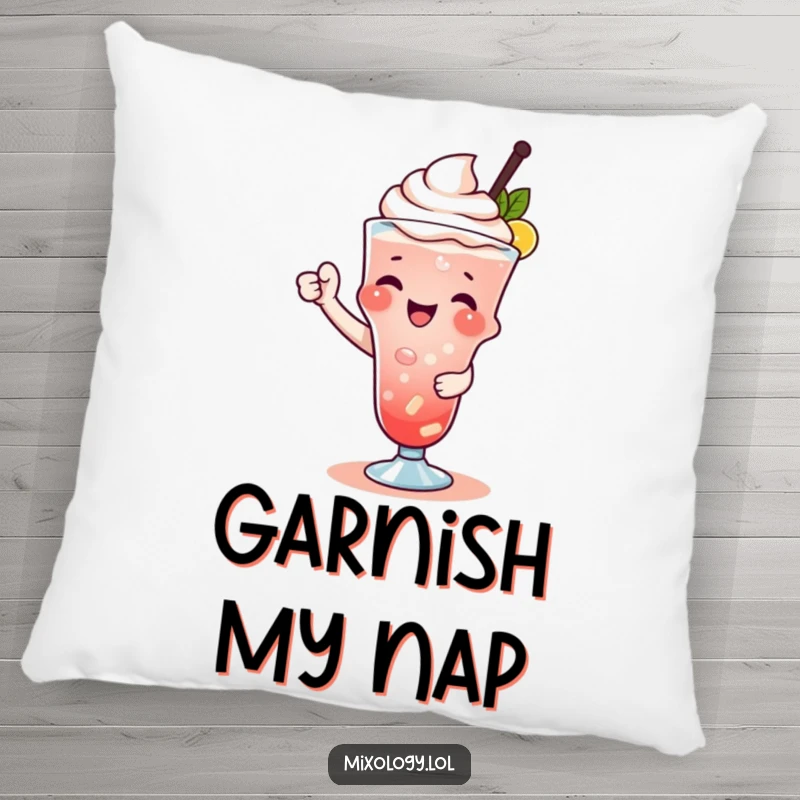 Funny pillow featuring an adorable character garnishing a drink with a flourish, perfect for adding cozy cocktail charm.