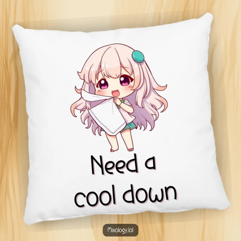 Funny pillow showing a cute character dramatically fanning themselves with a cocktail napkin, offering a humorous and cozy decor element.