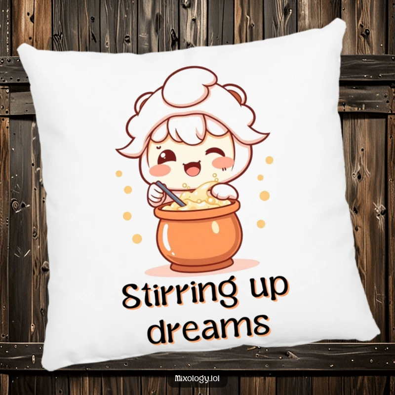 Funny pillow featuring a delighted kawaii character stirring a bubbling concoction, perfect for adding a cute magical touch.