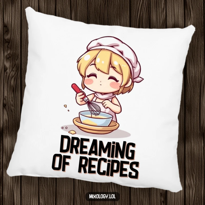 Funny pillow with a character mixing ingredients with a small whisk, offering cozy comfort and a charming culinary touch.