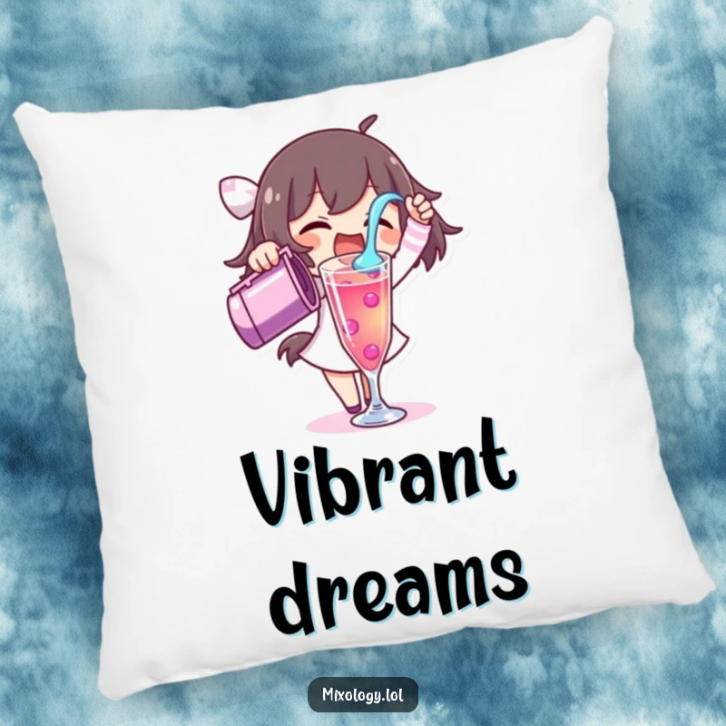 Funny pillow featuring a character excitedly pouring a vibrant liquid into a tall glass, perfect for cozy, vibrant spaces.