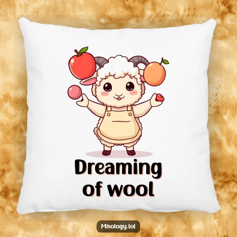 Funny pillow depicting a fluffy sheep in a stylish apron comically juggling three fruits, adding whimsical humor to any space.