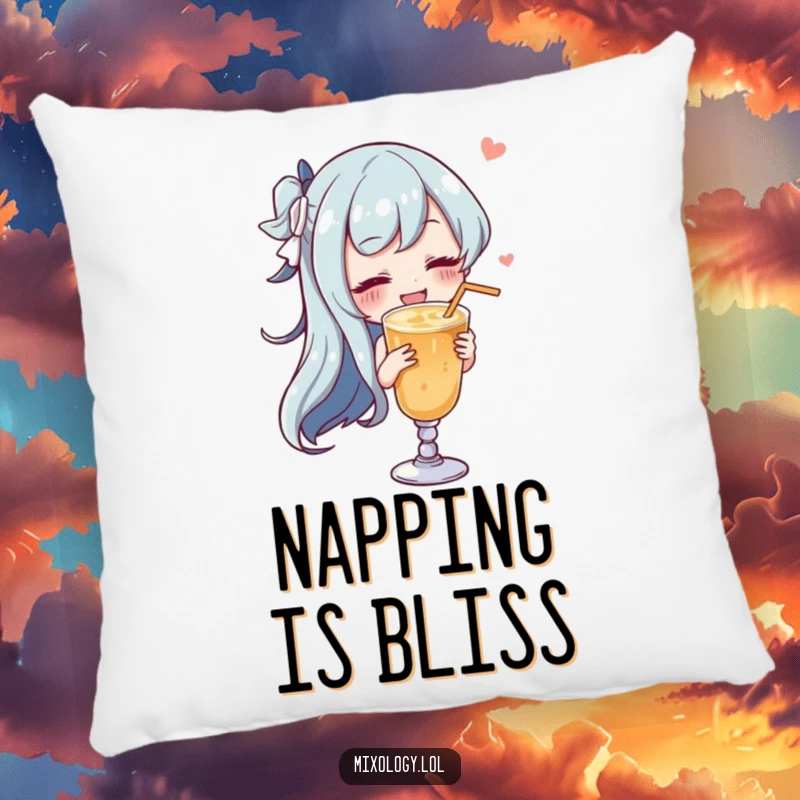 Funny character gracefully swirling a drink with a satisfied sigh, featured on a soft, decorative pillow.