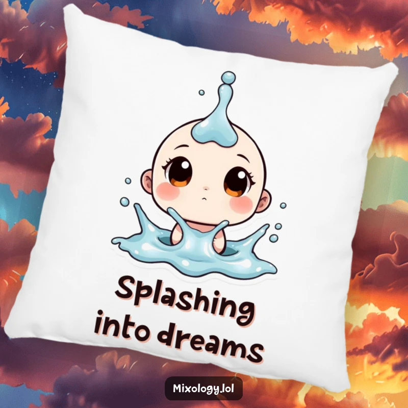 Funny pillow featuring a tiny character with wide eyes reacting to a splash, perfect for adding a touch of playful surprise.