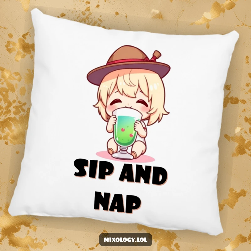 Funny Pillow featuring a charming figure wearing a tiny hat, enjoying a colorful drink with a happy smile.