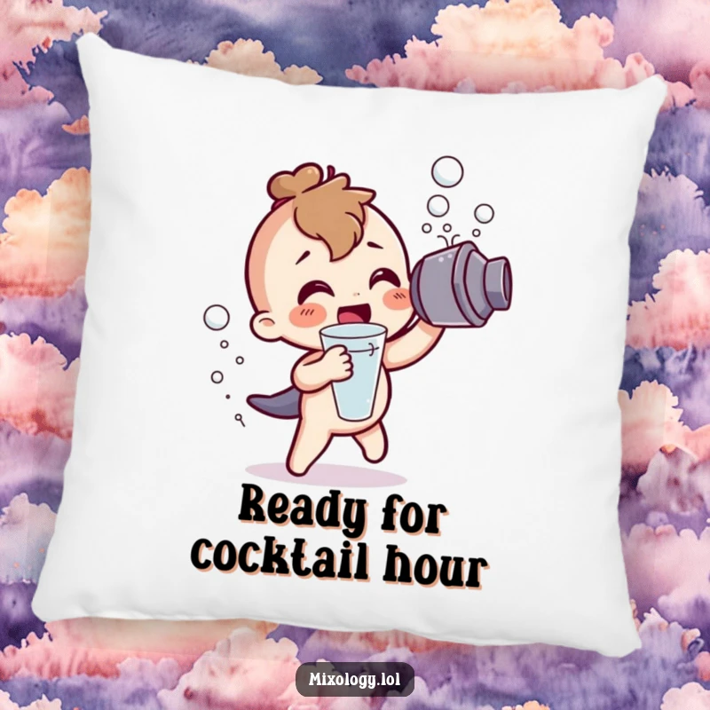 Funny Pillow: A cute character shaking a cocktail shaker with frothy bubbles, offering soft and humorous decorative comfort.