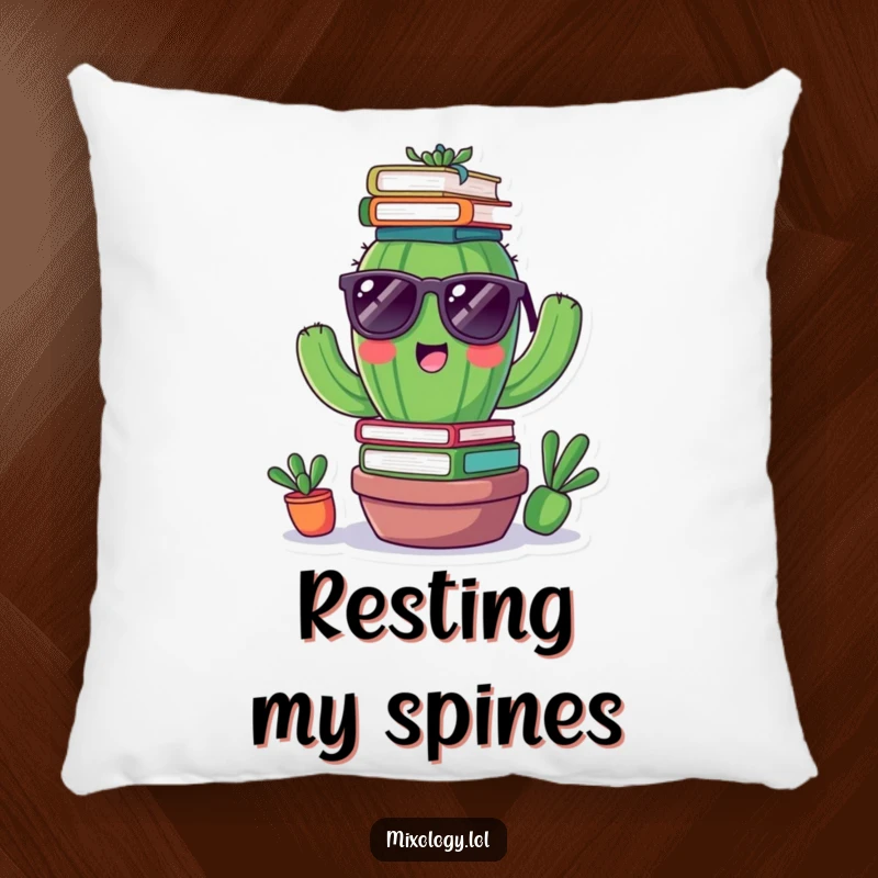 Funny pillow depicting a cheerful cactus wearing tiny sunglasses, balancing books on its head, adding whimsical humor to any space.