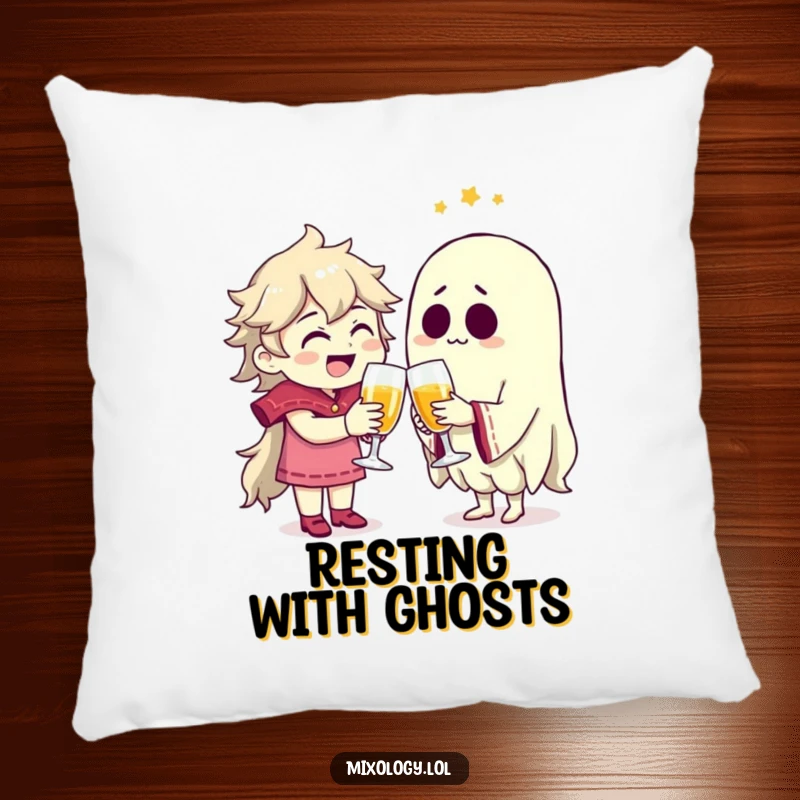 Funny character joyfully clinking glasses with a spectral friend, featured on a soft, decorative pillow.