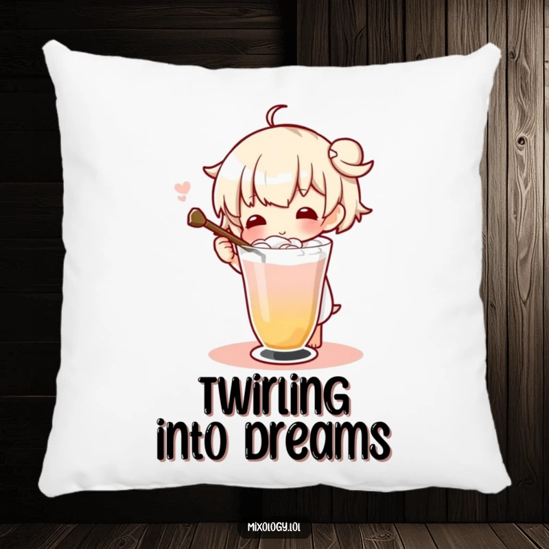 Funny character elegantly stirring a drink with a long stirrer, on a comfortable and decorative pillow.